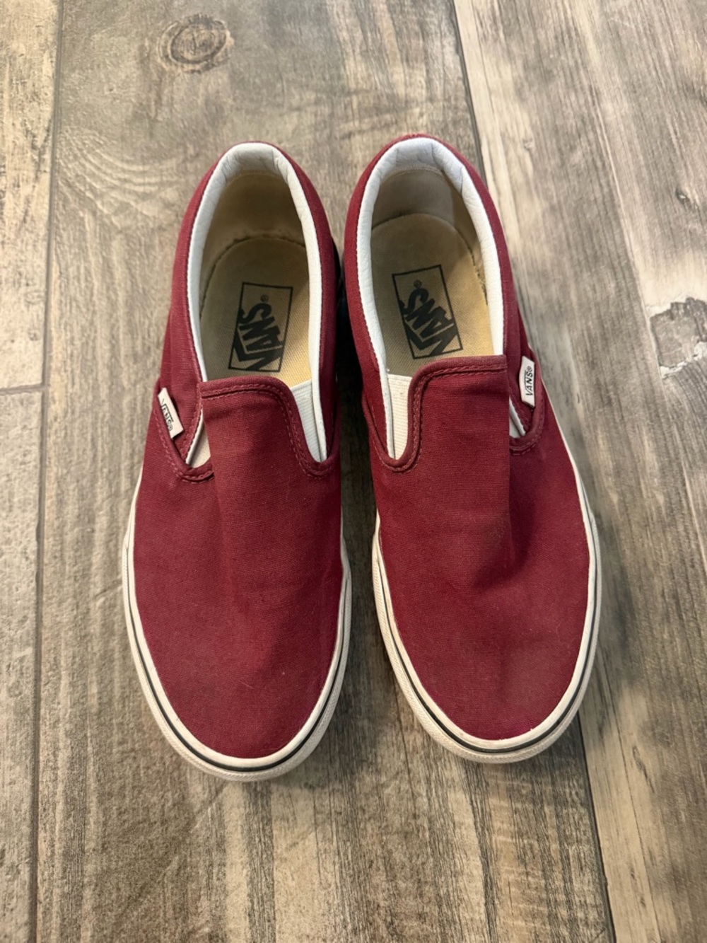 Vans Slip-On Canvas Sneakers in Maroon and White